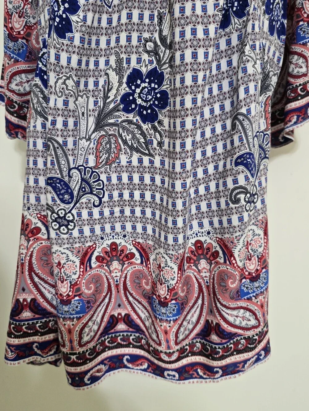 UMGEE size Large Boho Paisley V Neck 3/4 Sleeve Pocket Mini Dress Multicolor